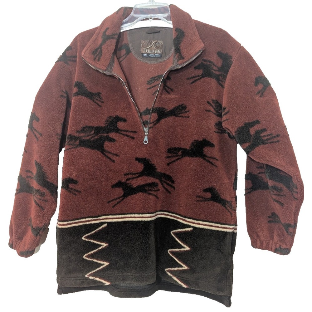 Vintage Horse Print Southwestern Fleece Pullover Ranchwear Jacket Mens M Women L